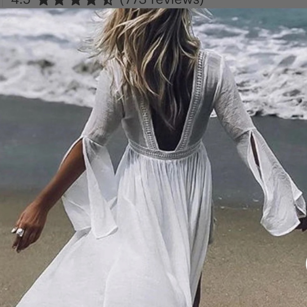 New Boho Beach Coverup Tie Waist Lace Trim Maxi Length Bell Sleeve Open Back - Picture 4 of 9